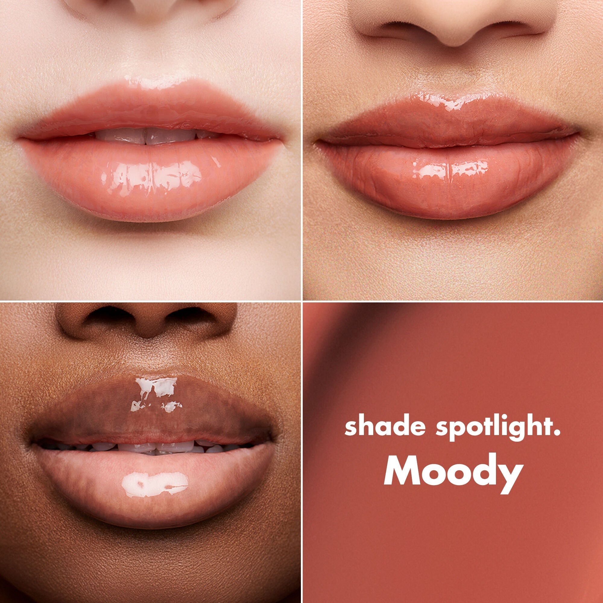 Comparativa del brillo labial e.l.f. Lip Lacquer tono Moody en tres tonos de piel.