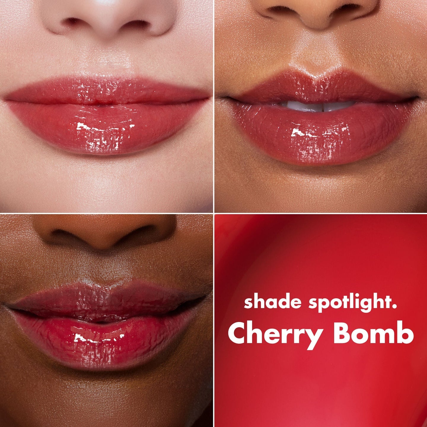 Comparativa del brillo labial e.l.f. Lip Lacquer tono Cherry Bomb en tres tonos de piel.