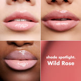 Comparativa del brillo labial e.l.f. Lip Lacquer tono Wild Rose en tres tonos de piel.
